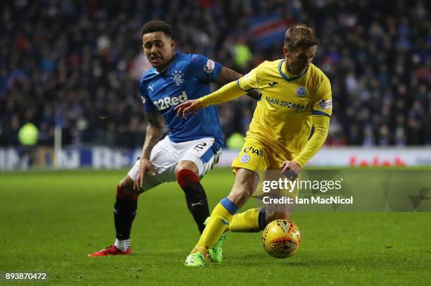 James Tavernier of Rangersvies with Chris Millar of St Johnstone during the Ladbrokes Scottish Premiership match between Rangers and St Johnstone at...