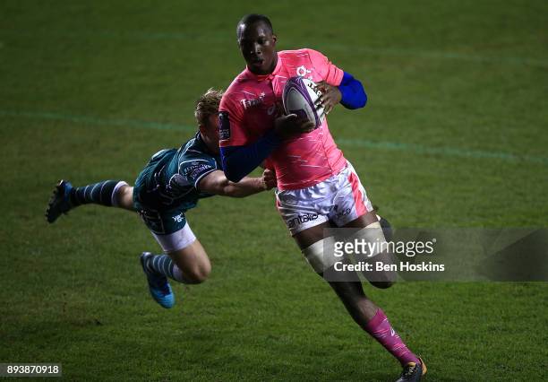 Sekou Macalou of Stade Francais is tackled during the European Rugby Challenge Cup match between London Irish and Stade Francais on December 16, 2017...