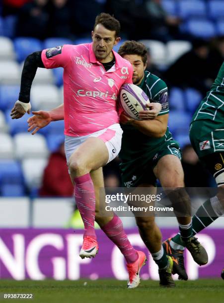 Romain Martial of Stade Francais and Tom Fowlie of London Irish during the European Rugby Challenge Cup match between London Irish and Stade Francais...