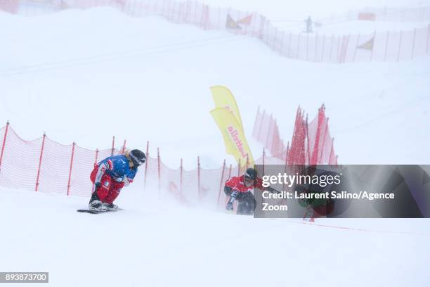 Charlotte Bankes of France competes, Faye Gulini of USA takes 2nd place, Chloe Trespeuch of France competes during the FIS Freestyle Ski World Cup,...