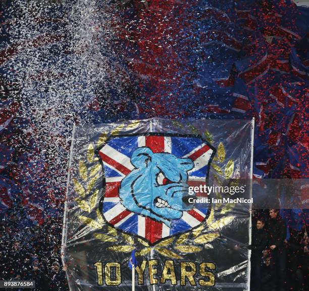 Rangers fans display flags and banners during the Ladbrokes Scottish Premiership match between Rangers and St Johnstone at Ibrox Stadium on December...