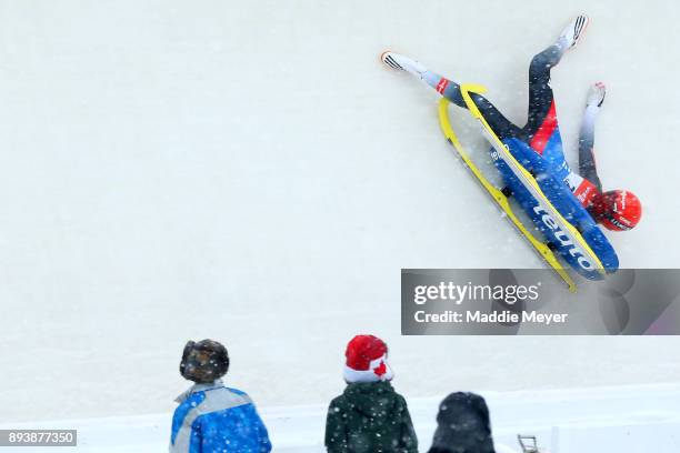 Julia Taubitz of Germany crashes during her first run in the Women's competition of the Viessmann FIL Luge World Cup at Lake Placid Olympic Center on...