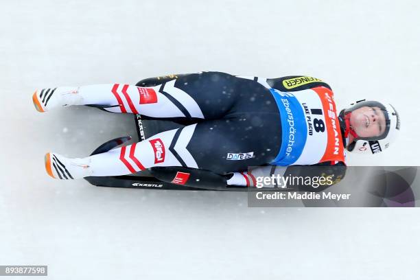 Miriam Kastlunger of Austria completes her second run in the Women's competition of the Viessmann FIL Luge World Cup at Lake Placid Olympic Center on...