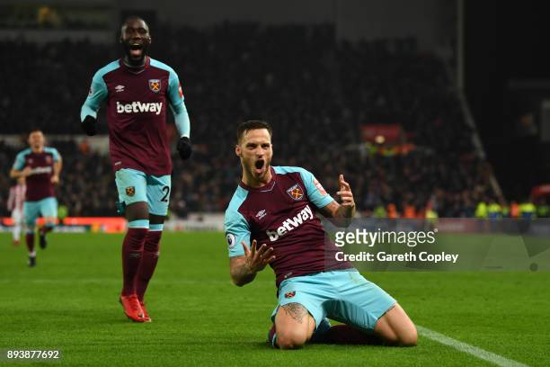Marko Arnautovic of West Ham United celebrates after scoring his sides second goal during the Premier League match between Stoke City and West Ham...
