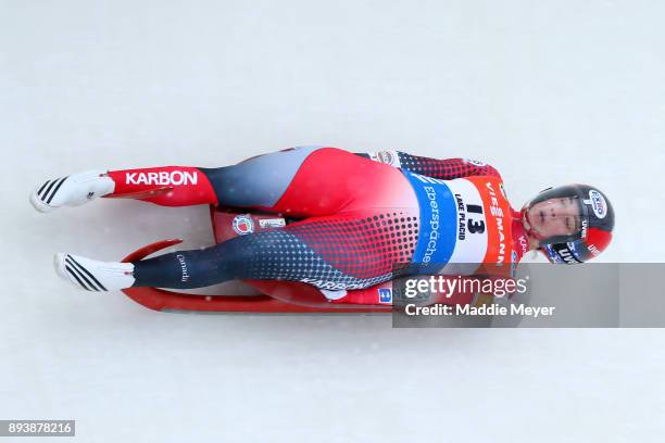 Kimberley McRae of Canada completes her first run in the Women's competition of the Viessmann FIL Luge World Cup at Lake Placid Olympic Center on...