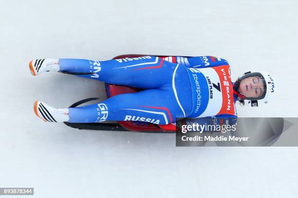 Ekaterina Katnikova of Russia completes her second run in the Women's competition of the Viessmann FIL Luge World Cup at Lake Placid Olympic Center...