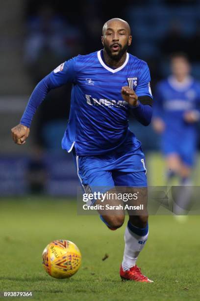 Josh Parker of Gillingham runs the ball towards the penalty area during the Sky Bet League One match between Gillingham and Bristol Rovers at...