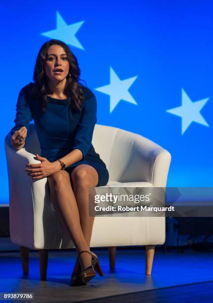 Citudans candidate Ines Arrimadas attends a rally for the Citudans policital party on December 16, 2017 in Barcelona, Spain. The Spanish national...