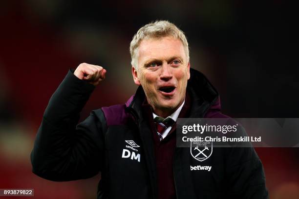 West Ham United manager David Moyes celebrates at full-time following the Premier League match between Stoke City and West Ham United at Bet365...