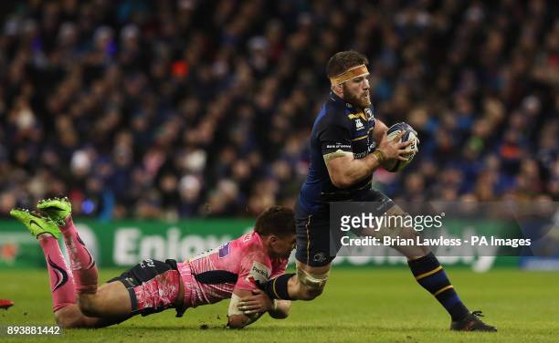 Leinster's Sean O'Brien tackled by Exeter Chiefs' Henry Slade during the European Rugby Champions Cup, Pool Three match at the Aviva Stadium, Dublin.