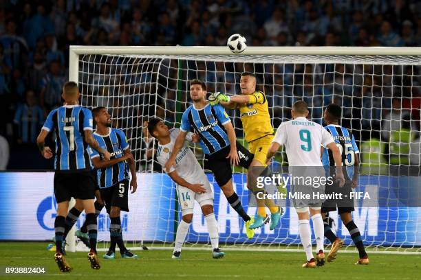 Marcelo Grohe of Gremio punches the ball clear during the FIFA Club World Cup UAE 2017 Final between Gremio and Real Madrid at the Zayed Sports City...