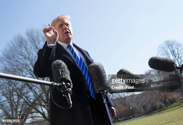 President Donald J. Trump makes a statement to the media as he departs the White House December 16, 2017 in Washington, DC. Trump is heading for an...