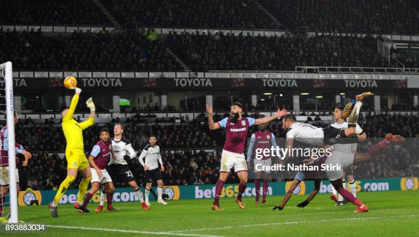 Bradley Johnson of Derby County header is saved by Sam Johnstone of Aston Villa during the Sky Bet Championship match between Derby County and Aston...