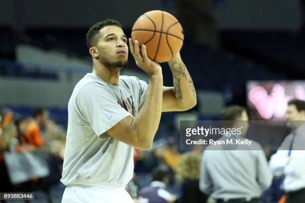 Isaiah Wilkins of the Virginia Cavaliers warms up before the start of a game against the Davidson Wildcats at John Paul Jones Arena on December 16,...