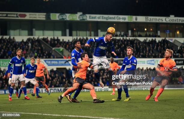 Joe Garner of Ipswich Town heads clear during the Sky Bet Championship match between Ipswich Town and Reading at Portman Road on December 16, 2017 in...