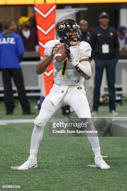 Devante Kincade looks for a receiver during the bowl game between the North Carolina A&T Aggies and the Grambling State Tigers on December 16, 2017...