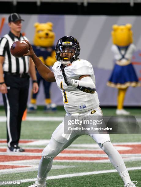 Devante Kincade passes during the bowl game between the North Carolina A&T Aggies and the Grambling State Tigers on December 16, 2017 at Mercedes-...