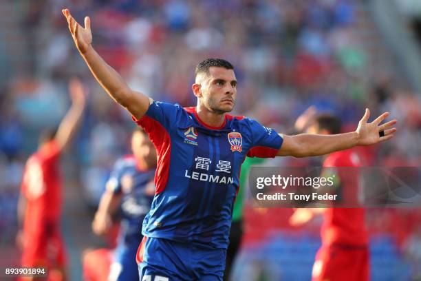 Andrew Nabbout of the Jets celebrates after scoring a goal during the round 11 A-League match between the Newcastle Jets and the Adelaide United at...