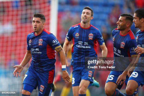 Dimitri Petratos of the Jets celebrates after scoring a goal during the round 11 A-League match between the Newcastle Jets and the Adelaide United at...