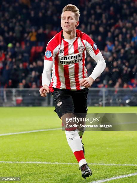 Luuk de Jong of PSV celebrates 1-0 during the Dutch Eredivisie match between PSV v ADO Den Haag at the Philips Stadium on December 16, 2017 in...
