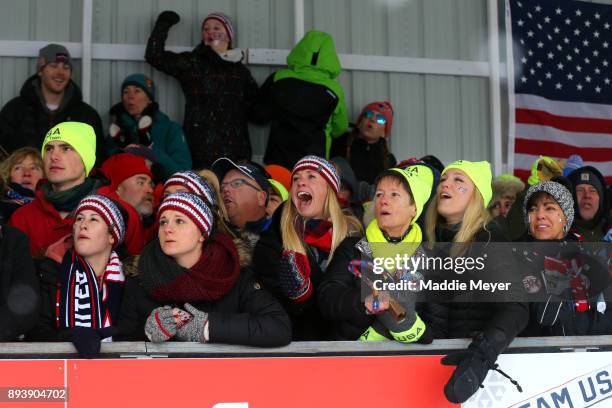 Fans cheer during the run in the Women's competition of the Viessmann FIL Luge World Cup at Lake Placid Olympic Center on December 16, 2017 in Lake...