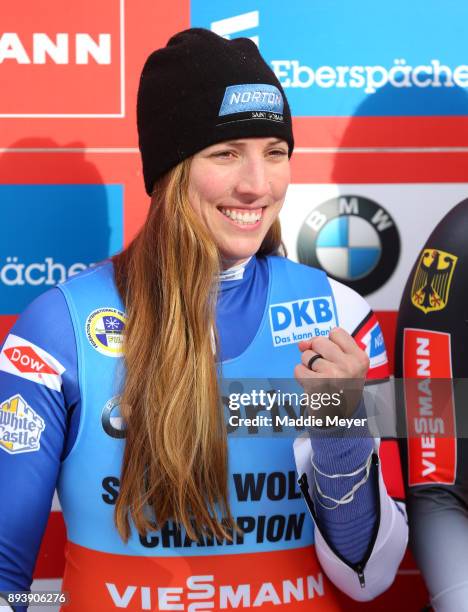 Erin Hamlin of the United States looks on after the Women's sprint competition of the Viessmann FIL Luge World Cup at Lake Placid Olympic Center on...