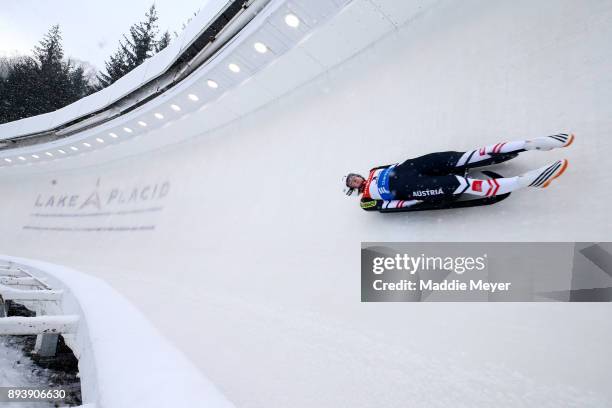 Madeleine Egle of Austria completes her second run in the Women's competition of the Viessmann FIL Luge World Cup at Lake Placid Olympic Center on...