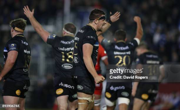 Charlie Ewels of Bath celebrates their victory during the European Rugby Champions Cup match between Bath Rugby and RC Toulon at the Recreation...
