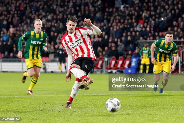 Marco van Ginkel of PSV scores the third goal to make it 3-0 during the Dutch Eredivisie match between PSV v ADO Den Haag at the Philips Stadium on...
