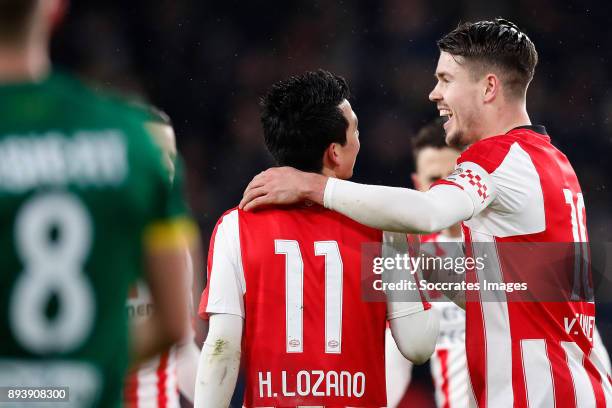 Marco van Ginkel of PSV celebrates 3-0 with Hirving Lozano of PSV during the Dutch Eredivisie match between PSV v ADO Den Haag at the Philips Stadium...