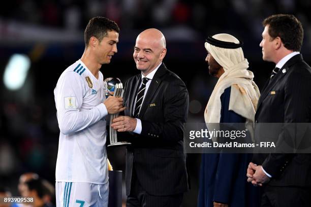 President Gianni Infantino presents Cristiano Ronaldo of Real Madrid with the trophy after the FIFA Club World Cup UAE 2017 Final between Gremio and...
