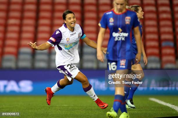 Samantha Kerr of Perth Glory celebrates a goal during the round eight W-League match between the Newcastle Jets and the Perth Wildcats at McDonald...