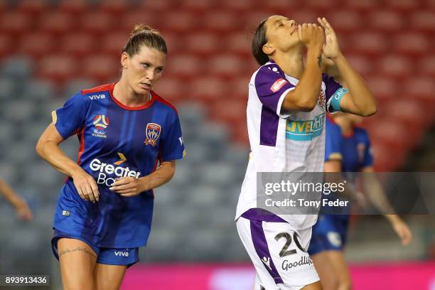 Samantha Kerr of Perth Glory reacts after missing a goal during the round eight W-League match between the Newcastle Jets and the Perth Wildcats at...