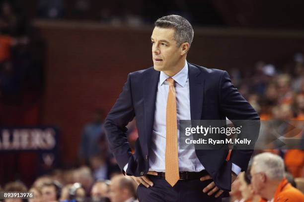 Head coach Tony Bennett of the Virginia Cavaliers reacts to a play in the first half during a game against the Davidson Wildcats at John Paul Jones...