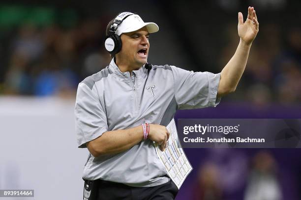 Head coach Neal Brown of the Troy Trojans reacts in the first half against the North Texas Mean Green during the R+L Carriers New Orleans Bowl at the...