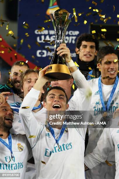 Cristiano Ronaldo of Real Madrid lifts the trophy at the end of the FIFA Club World Cup UAE 2017 final match between Gremio and Real Madrid CF at...