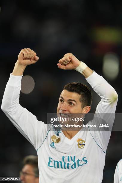 Cristiano Ronaldo of Real Madrid celebrates at the end of the FIFA Club World Cup UAE 2017 final match between Gremio and Real Madrid CF at Zayed...