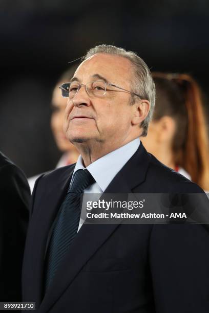 Real Madrid President Florentino Perez looks on at the end of the FIFA Club World Cup UAE 2017 final match between Gremio and Real Madrid CF at Zayed...