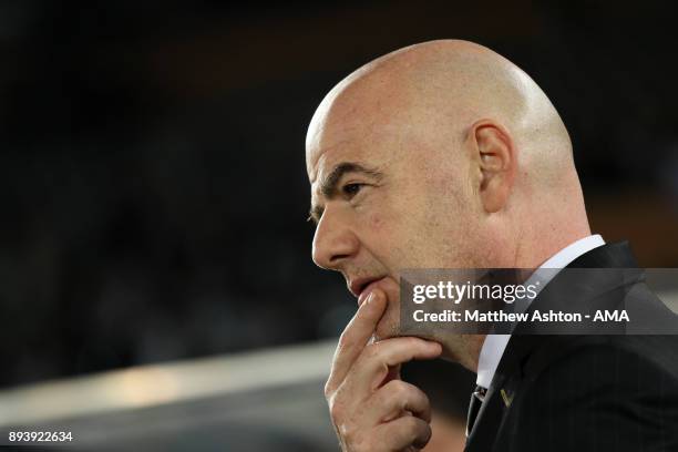 President Gianni Infantino looks on at the end of the FIFA Club World Cup UAE 2017 final match between Gremio and Real Madrid CF at Zayed Sports City...