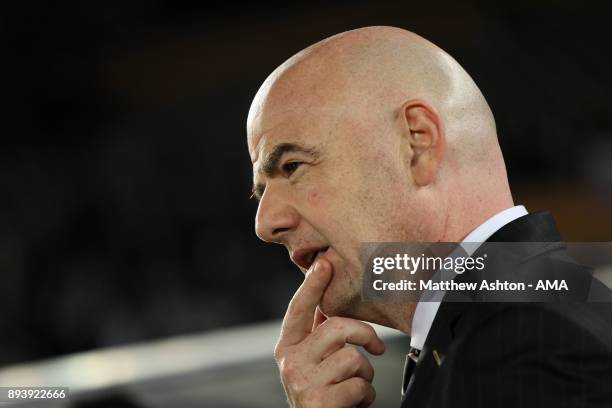 President Gianni Infantino looks on at the end of the FIFA Club World Cup UAE 2017 final match between Gremio and Real Madrid CF at Zayed Sports City...