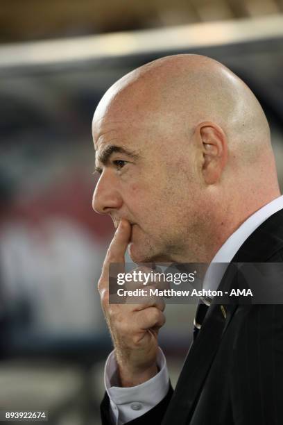 President Gianni Infantino looks on at the end of the FIFA Club World Cup UAE 2017 final match between Gremio and Real Madrid CF at Zayed Sports City...