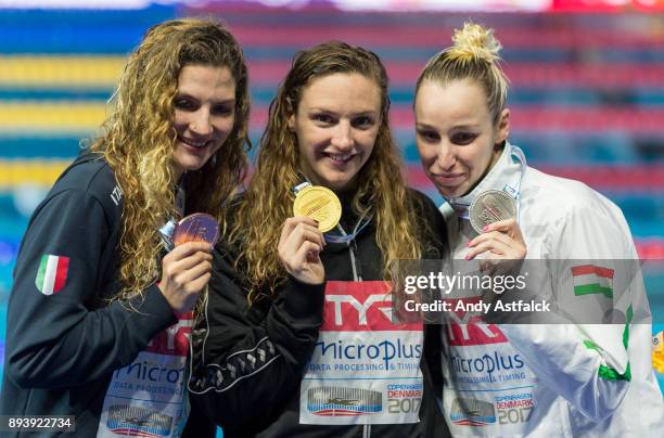 The medal winners from the Women's 200m Medley Final Ilaria Cusinato from Italy, Katinka Hosszu and Evelyn Verraszto from Hungry on December 16, 2017...