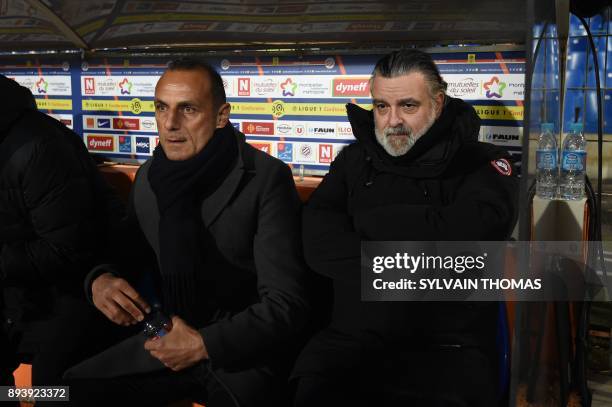 Montpellier's French head coach Michel Der Zakarian and Montpellier's French club president Laurent Nicollin looks on during the French L1 football...