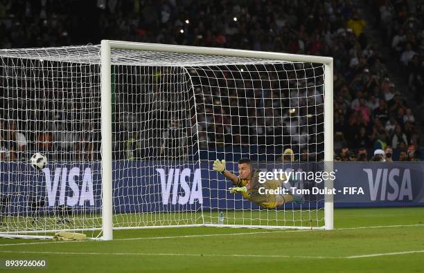 Marcelo Grohe of Gremio fails to save goal by Cristiano Ronaldo during the FIFA Club World Cup UAE 2017 final match between Gremio and Real Madrid at...