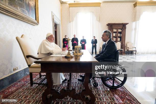 Pope Francis meets President of Ecuador Lenin Moreno Garces at the Apostolic Palace on December 16, 2017 in Vatican City, Vatican. During the meeting...