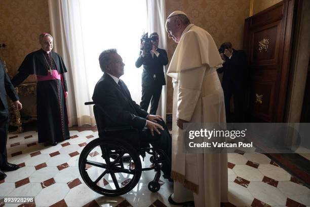 Pope Francis meets President of Ecuador Lenin Moreno Garces at the Apostolic Palace on December 16, 2017 in Vatican City, Vatican. During the meeting...