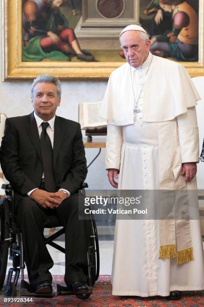 Pope Francis meets President of Ecuador Lenin Moreno Garces at the Apostolic Palace on December 16, 2017 in Vatican City, Vatican. During the meeting...