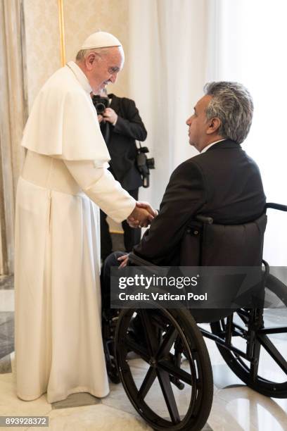 Pope Francis meets President of Ecuador Lenin Moreno Garces at the Apostolic Palace on December 16, 2017 in Vatican City, Vatican. During the meeting...