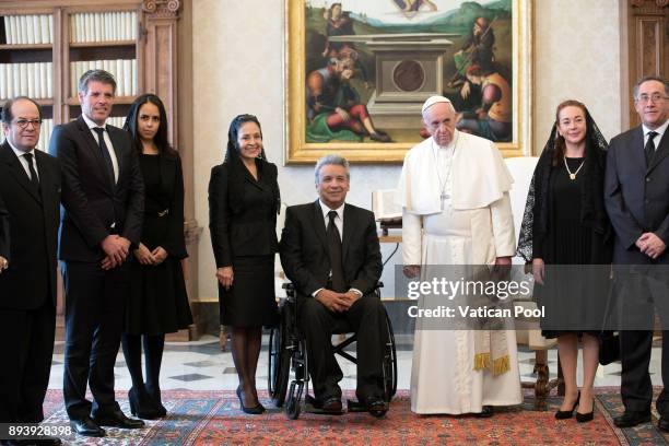 Pope Francis meets President of Ecuador Lenin Moreno Garces, his wife Rocio Gonzalez Navas and his delegation at the Apostolic Palace on December 16,...