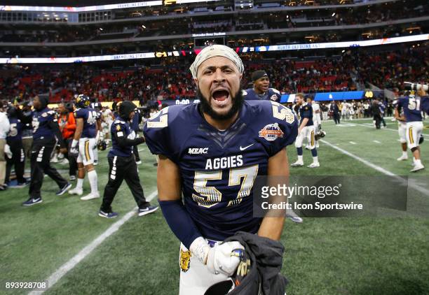 Markeiss Blue reacts to winning the bowl game between the North Carolina A&T Aggies and the Grambling State Tigers on December 16, 2017 at Mercedes-...